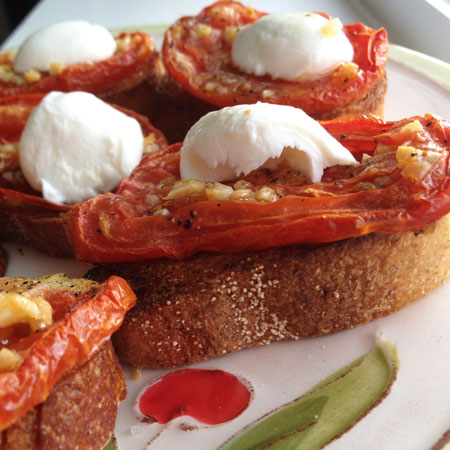 slow-roasted tomato bruschetta with fresh mozzarella.